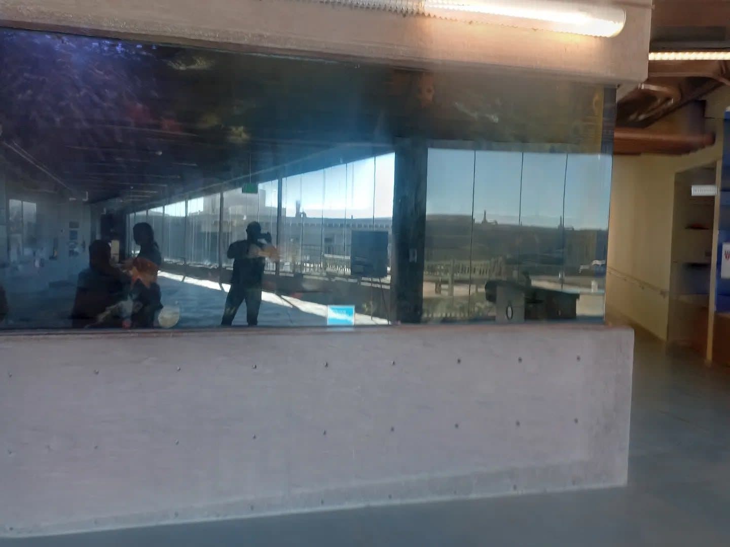 Visitors in the laboratory gallery, reflected in the window glass